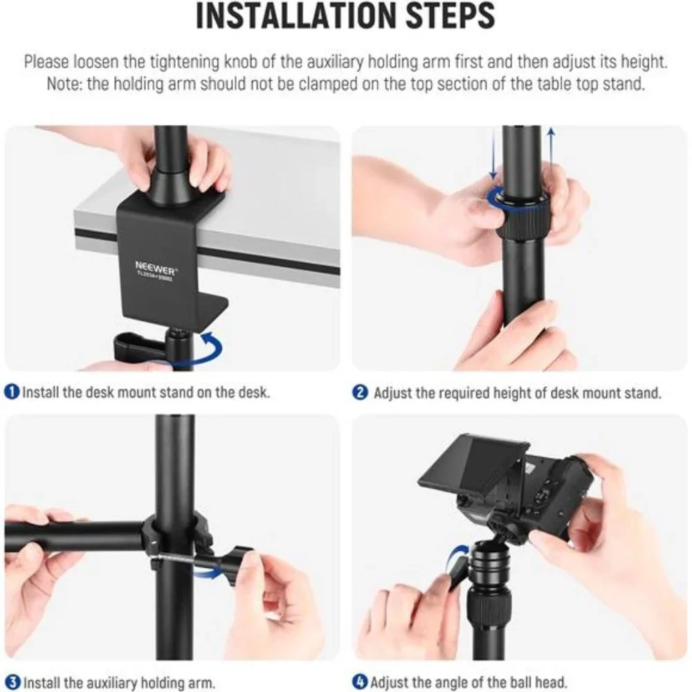 Tabletop Overhead Camera Mount Stand with 2 Section Telescopic Extension Arm